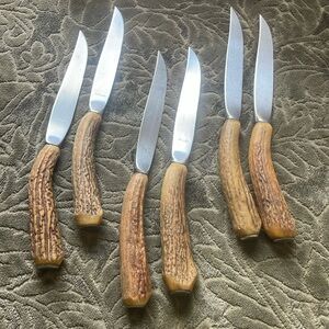 Set of six (6) Antler Handle Knives with Stainless Steel Blades